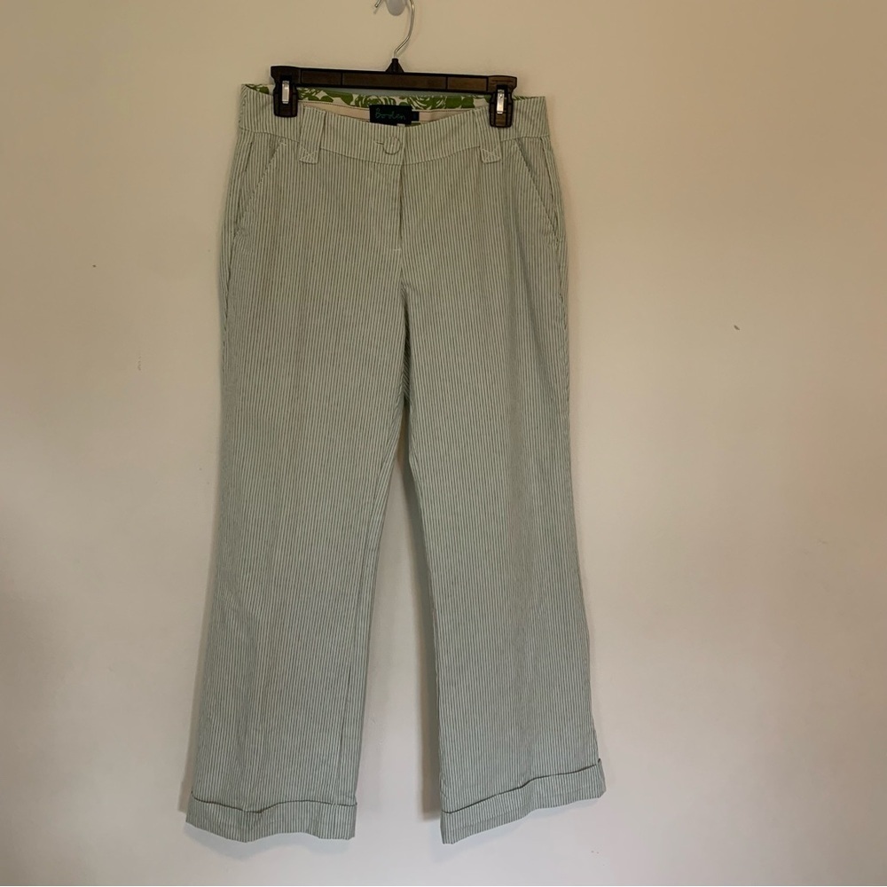 Women’s Boden Pinstripe Wide Leg Trousers Green Gray Office Size 12R Preppy